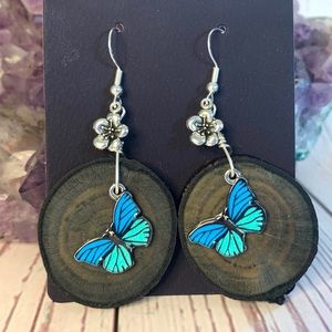 Butterfly Dark Royal Blue Dyed Apple Wood Silver Hanging Earrings